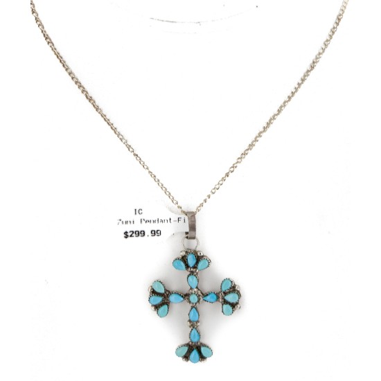 Handmade Cross Certified Authentic Zuni .925 Sterling Silver Natural Turquoise Native American Necklace 24368