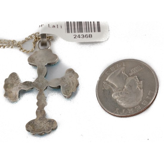 Handmade Cross Certified Authentic Zuni .925 Sterling Silver Natural Turquoise Native American Necklace 24368