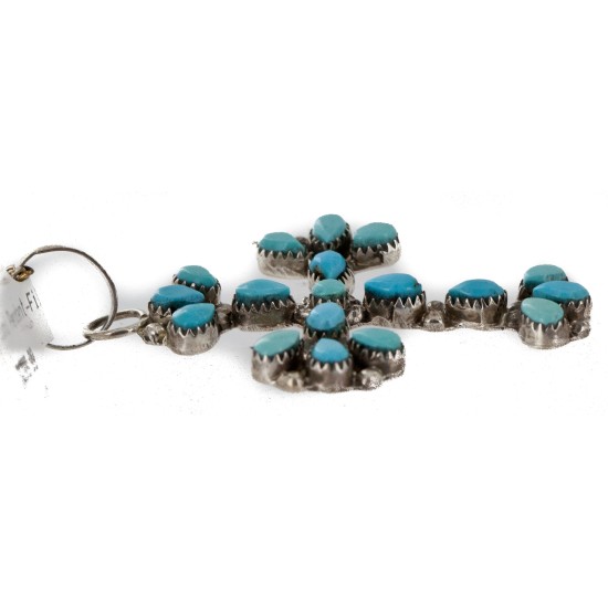 Handmade Cross Certified Authentic Zuni .925 Sterling Silver Natural Turquoise Native American Necklace 24368