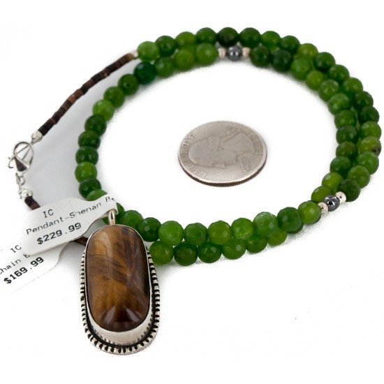 .925 Sterling Silver Handmade Certified Authentic Navajo Tigers Eye and Quartz Native American Necklace 24125-16076-6