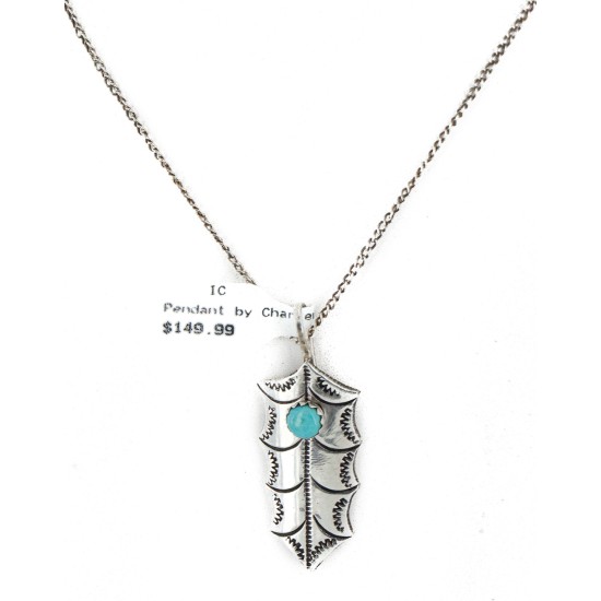 .925 Sterling Silver Handmade Certified Authentic Mistletoe Navajo Natural Turquoise Native American Necklace 16088-201