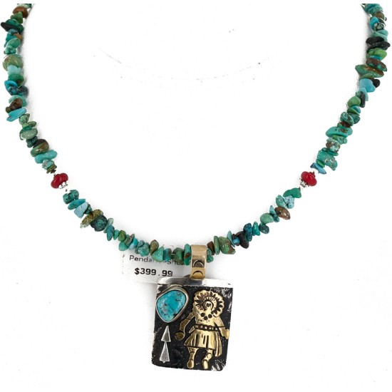 12kt Gold Filled .925 Sterling Silver Handmade Certified Authentic Navajo Coral Natural Turquoise Native American Necklace 24302-1601-10