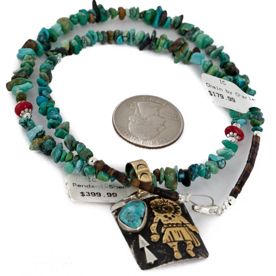 12kt Gold Filled .925 Sterling Silver Handmade Certified Authentic Navajo Coral Natural Turquoise Native American Necklace 24302-1601-10