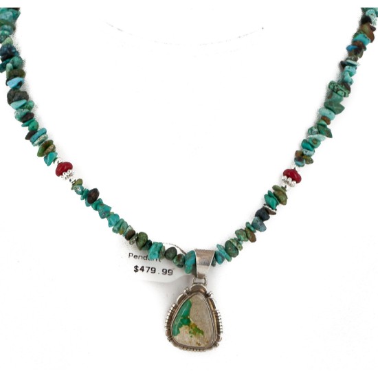 .925 Sterling Silver Handmade Certified Authentic Signed Navajo Coral Natural Turquoise Native American Necklace 2423-1601-12