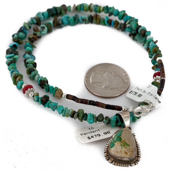.925 Sterling Silver Handmade Certified Authentic Signed Navajo Coral Natural Turquoise Native American Necklace 2423-1601-12
