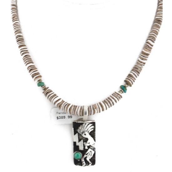 Certified Authentic Kokopelli .925 Sterling Silver Handmade Navajo Natural Turquoise Graduated Melon Shell Native American Necklace 24424-6-16057