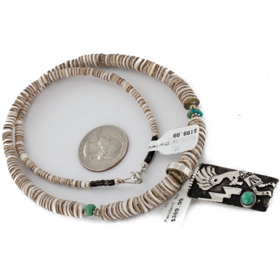 Certified Authentic Kokopelli .925 Sterling Silver Handmade Navajo Natural Turquoise Graduated Melon Shell Native American Necklace 24424-6-16057