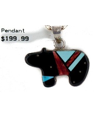 Certified Authentic Bear Navajo .925 Sterling Silver Inlay Natural Turquoise Spiny Oyster Black Onyx Native American Necklace 24423-201