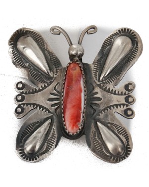 Certified Authentic Butterfly Handmade Navajo .925 Sterling Silver Natural Spiny Oyster Native American Pin and Pendant 14557