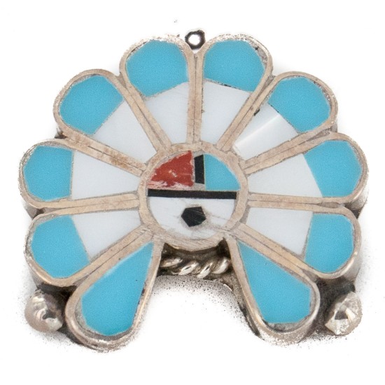 Certified Authentic Handmade Navajo .925 Sterling Silver Coral Natural Turquoise Mother of Pearl Native American Pin and Pendant 16036