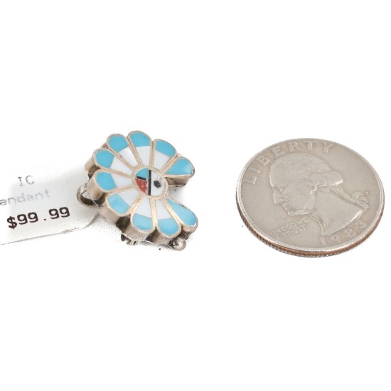 Certified Authentic Handmade Navajo .925 Sterling Silver Coral Natural Turquoise Mother of Pearl Native American Pin and Pendant 16036