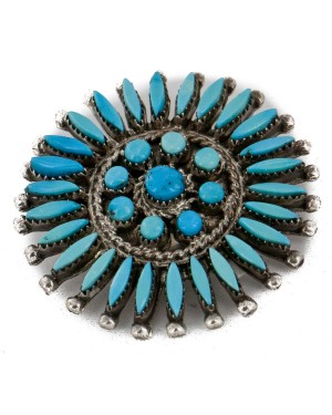 Certified Authentic Petit Point Zuni .925 Sterling Silver Natural Turquoise Native American Pin Pendant 24379