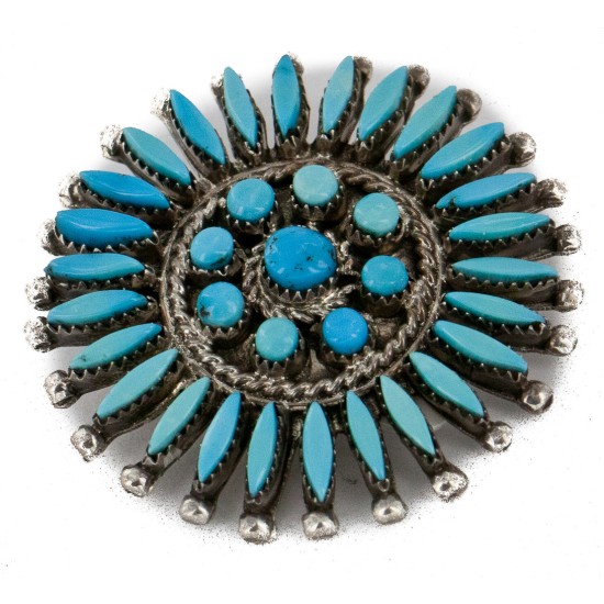 Certified Authentic Petit Point Zuni .925 Sterling Silver Natural Turquoise Native American Pin Pendant 24379