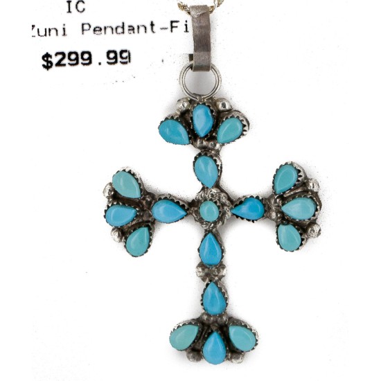 Handmade Cross Certified Authentic Zuni .925 Sterling Silver Natural Turquoise Native American Necklace 24368