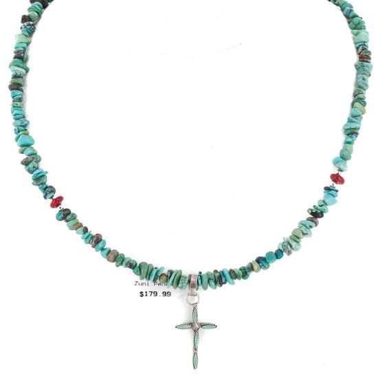 Handmade Cross Certified Authentic Zuni .925 Sterling Silver Coral Natural Turquoise Native American Necklace 24371-6-1601-22