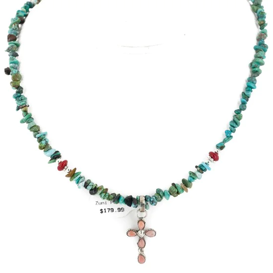 Handmade Cross Zuni .925 Sterling Silver Natural Turquoise Pink Coral Necklace 24371-2-1601-24 Handmade Cross Zuni .925 Sterling Silver Natural Turquoise Pink Coral Necklace 24371-2-1601-24