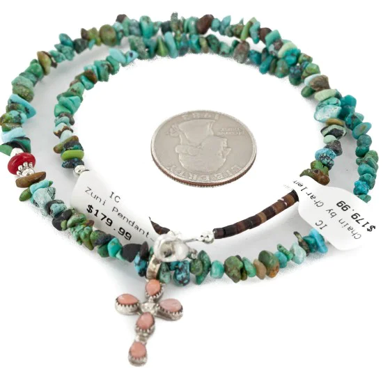 Handmade Cross Zuni .925 Sterling Silver Natural Turquoise Pink Coral Necklace 24371-2-1601-24 Handmade Cross Zuni .925 Sterling Silver Natural Turquoise Pink Coral Necklace 24371-2-1601-24