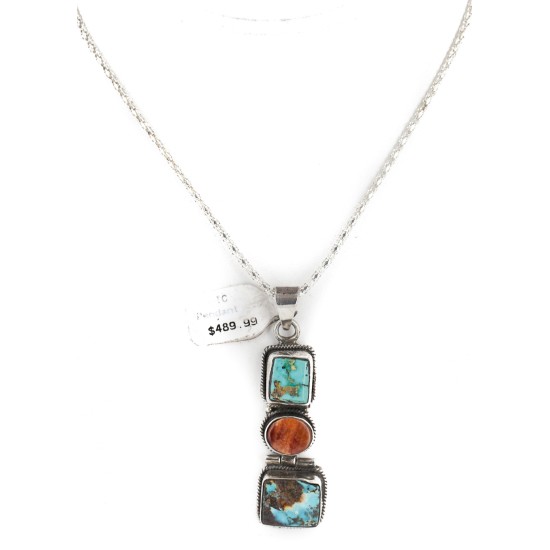 Handmade Navajo .925 Sterling Silver Natural Turquoise and Spiny Oyster Native American Necklace 10052