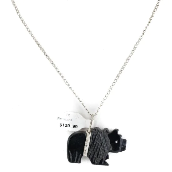 Hand Carved Animal Zuni .925 Sterling Silver Natural Jet Native American Necklace 14466 Hand Carved Animal Zuni .925 Sterling Silver Natural Jet Native American Necklace 14466