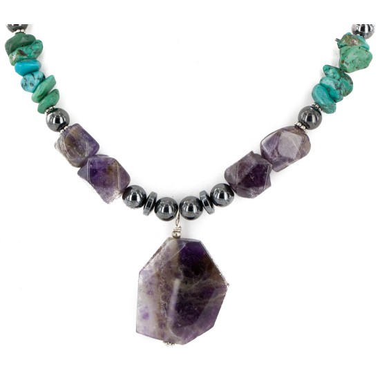 Certified Authentic Navajo .925 Sterling Silver Natural Turquoise Amethyst Hematite Native American Necklace 34057