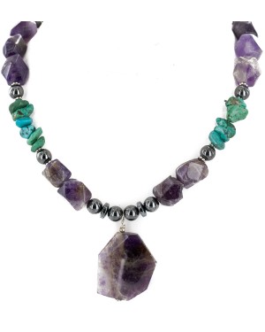 Certified Authentic Navajo .925 Sterling Silver Natural Turquoise Amethyst Hematite Native American Necklace 34057