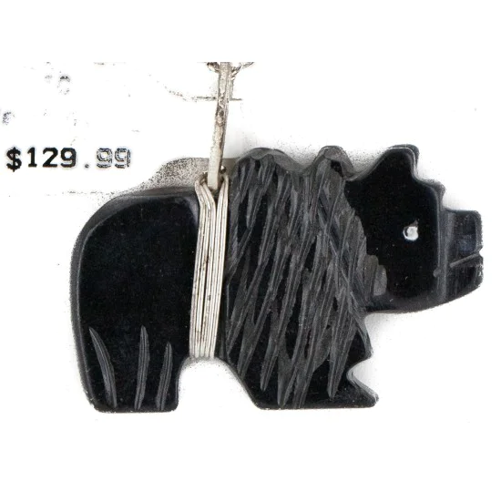 Hand Carved Animal Zuni .925 Sterling Silver Natural Jet Native American Necklace 14466 Hand Carved Animal Zuni .925 Sterling Silver Natural Jet Native American Necklace 14466