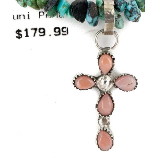Handmade Cross Zuni .925 Sterling Silver Natural Turquoise Pink Coral Necklace 24371-2-1601-24 Handmade Cross Zuni .925 Sterling Silver Natural Turquoise Pink Coral Necklace 24371-2-1601-24