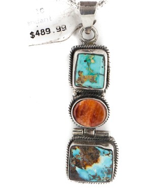 Handmade Navajo .925 Sterling Silver Natural Turquoise and Spiny Oyster Native American Necklace 10052