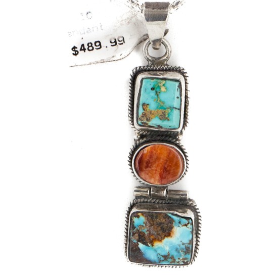Handmade Navajo .925 Sterling Silver Natural Turquoise and Spiny Oyster Native American Necklace 10052