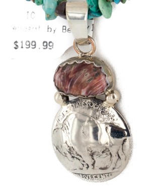 Vintage Style Buffalo Nickel .925 Sterling Silver Handmade Certified Authentic Navajo Natural Turquoise Spiny Oyster Native American Necklace 16022-1-1601-21
