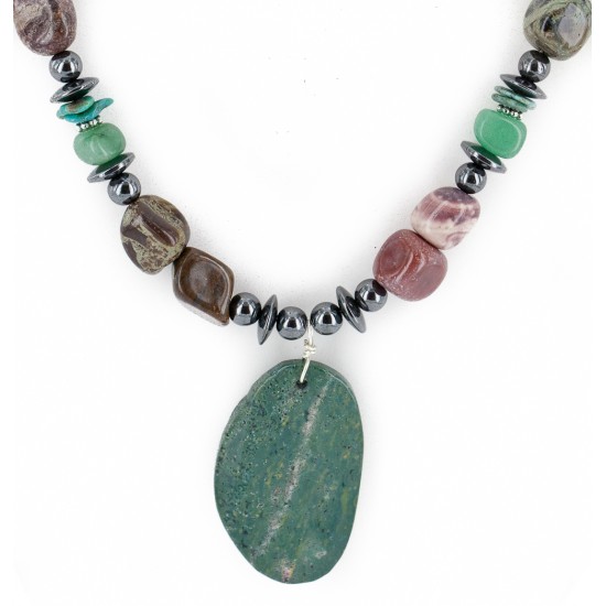 Certified Authentic Navajo .925 Sterling Silver Natural Turquoise Green Jasper Hematite Native American Necklace 16090-2