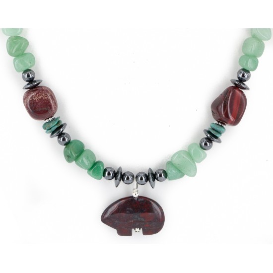 Certified Authentic Bear Navajo .925 Sterling Silver Natural Turquoise Jade Red Jasper Hematite Native American Necklace 16090-3