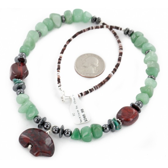 Certified Authentic Bear Navajo .925 Sterling Silver Natural Turquoise Jade Red Jasper Hematite Native American Necklace 16090-3