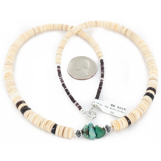 Certified Authentic Navajo .925 Sterling Silver Natural Turquoise Graduated Melon Shell Hematite Native American Necklace 14905-3
