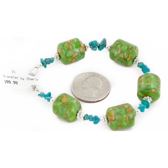 Certified Authentic Navajo .925 Sterling Silver Natural Turquoise and Composite Gaspeite Native American Bracelet 12892-2