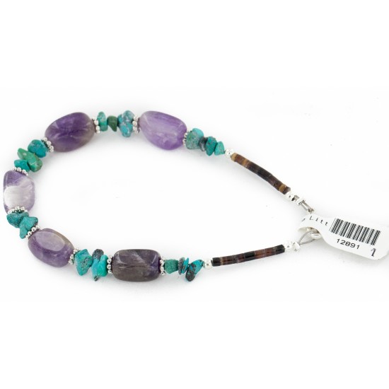 Certified Authentic Navajo .925 Sterling Silver Natural Turquoise and Amethyst Native American Bracelet 12891-1