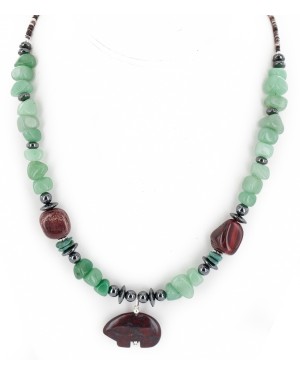 Certified Authentic Bear Navajo .925 Sterling Silver Natural Turquoise Jade Red Jasper Hematite Native American Necklace 16090-3