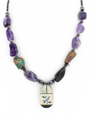 Certified Authentic Bird Inlay Navajo .925 Sterling Silver Natural Turquoise Amethyst Mother of Pearl Hematite Native American Necklace 16092-4