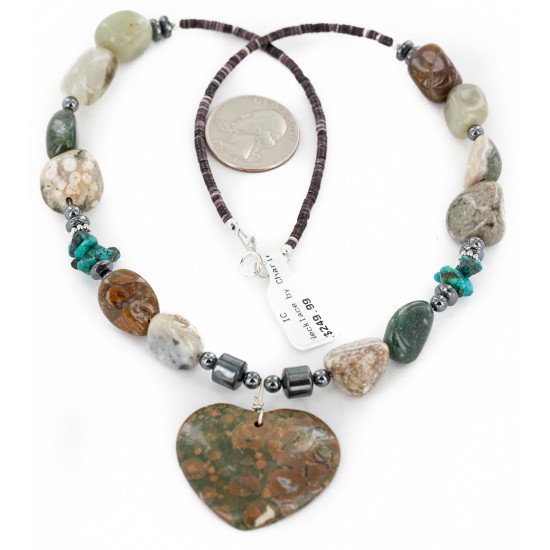 Certified Authentic Heart Navajo .925 Sterling Silver Natural Turquoise Green Jasper Hematite Native American Necklace 16090-4 Certified Authentic Heart Navajo .925 Sterling Silver Natural Turquoise Green Jasper Hematite Native American Necklace 16090-4