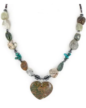 Heart Navajo .925 Sterling Silver Natural Turquoise Green Jasper Hematite Native American Necklace 16090-4