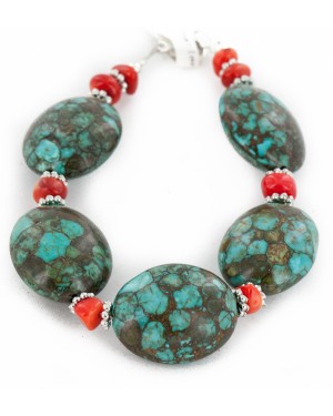 Certified Authentic Navajo .925 Sterling Silver Composite Turquoise Coral Native American Bracelet 12892-4
