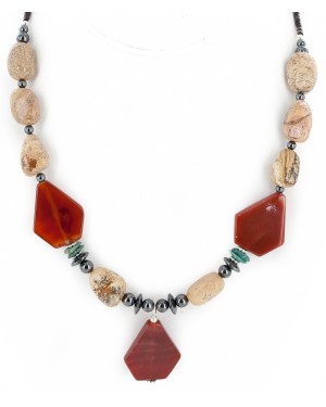Certified Authentic Navajo .925 Sterling Silver Natural Turquoise Agate Carnelian Hematite Native American Necklace 16092-3