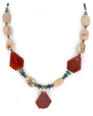 Navajo .925 Sterling Silver Natural Turquoise Agate Carnelian Hematite Native American Necklace 16092-3