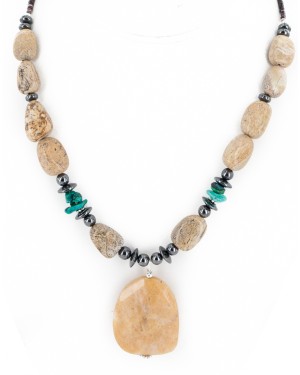 Certified Authentic Navajo .925 Sterling Silver Natural Turquoise Agate Hematite Native American Necklace 16092-5