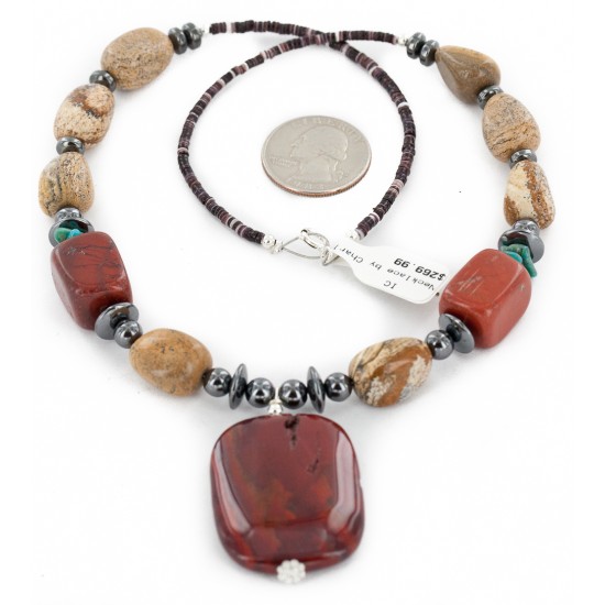 Certified Authentic Navajo .925 Sterling Silver Natural Turquoise Agate Red Jasper Hematite Native American Necklace 16092-1