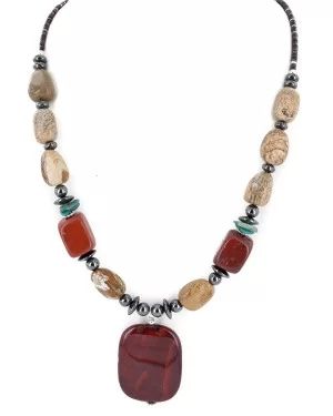 Navajo .925 Sterling Silver Natural Turquoise Agate Red Jasper Hematite Native American Necklace 16092-1
