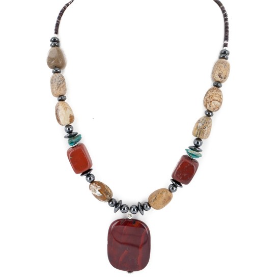 Certified Authentic Navajo .925 Sterling Silver Natural Turquoise Agate Red Jasper Hematite Native American Necklace 16092-1