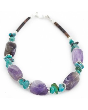 Certified Authentic Navajo .925 Sterling Silver Natural Turquoise and Amethyst Native American Bracelet 12891-1