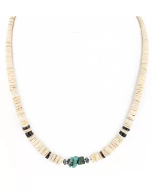 Navajo .925 Sterling Silver Natural Turquoise Graduated Melon Shell Hematite Native American Necklace 14905-3