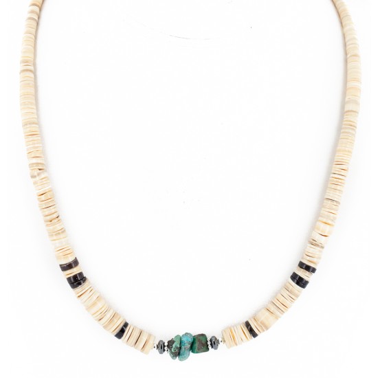 Certified Authentic Navajo .925 Sterling Silver Natural Turquoise Graduated Melon Shell Hematite Native American Necklace 14905-3